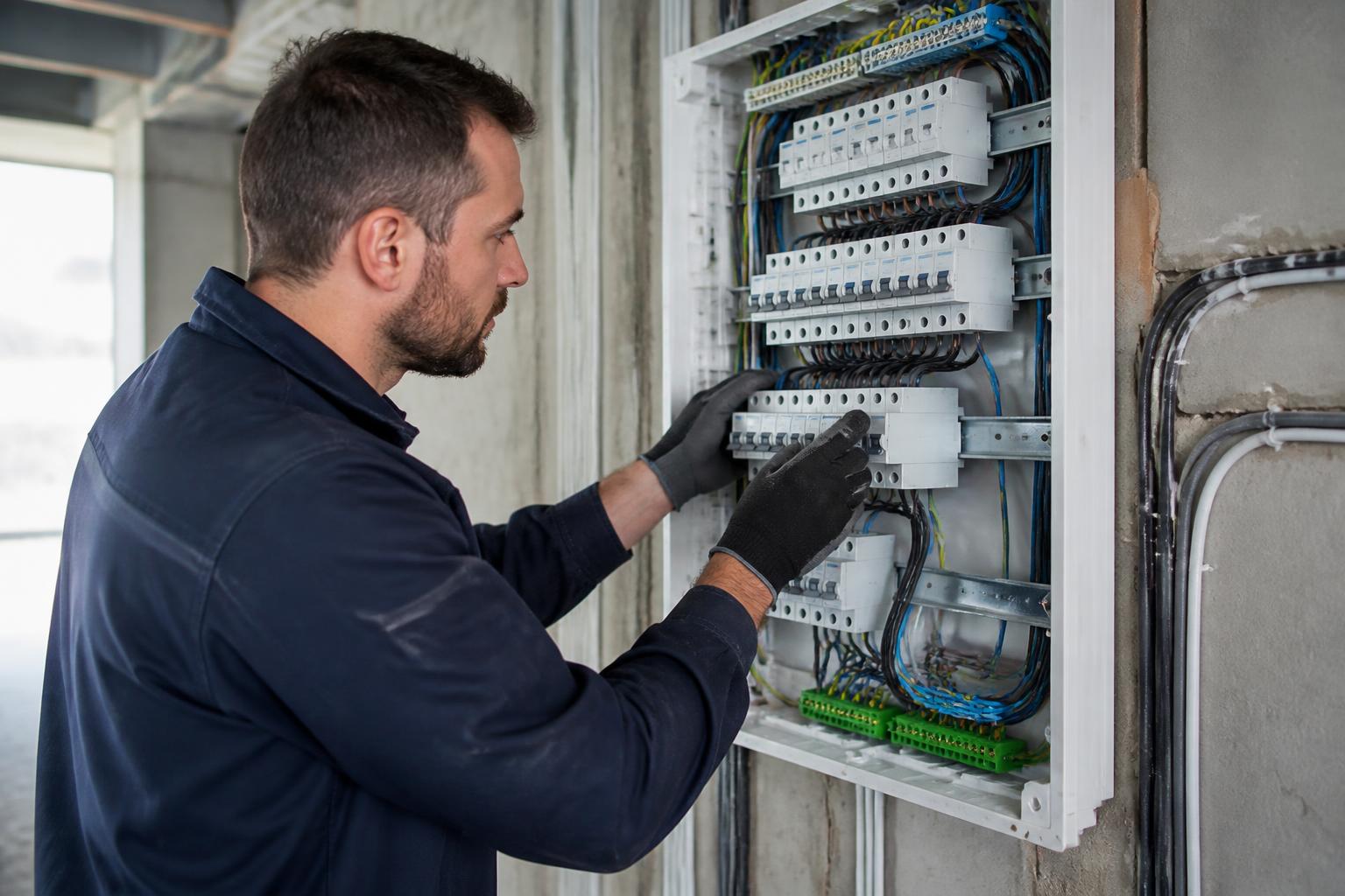 Elektriker installiert eine moderne Verteilung in einem Neubau