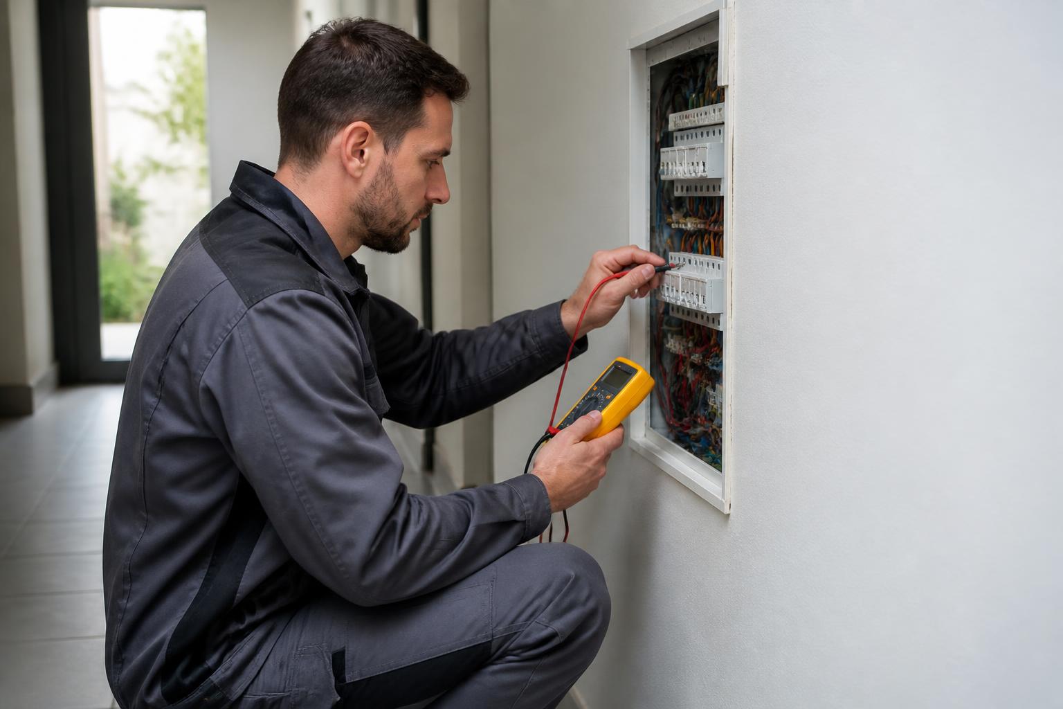 Servicetechniker prüft eine bestehende Elektroinstallation mit einem Messgerät